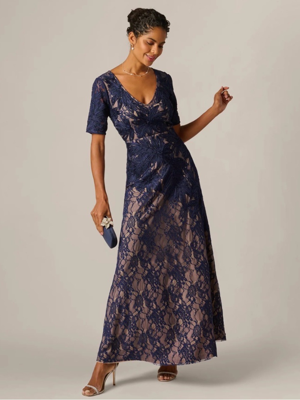 Short Sleeve Lace Soutache Embroidery Gown In Navy Nude